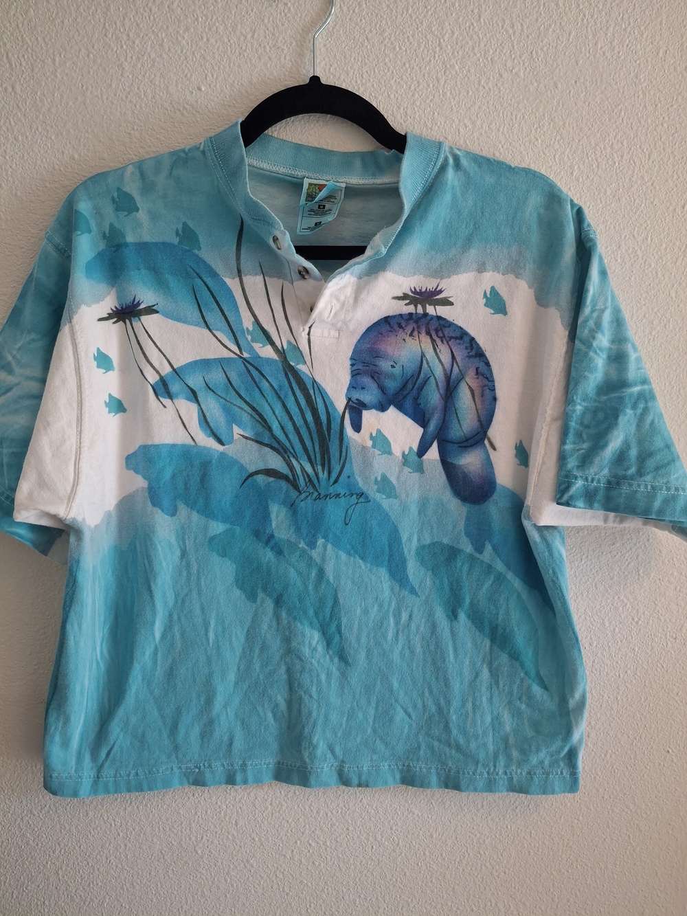 Fruit of the Loom Short Sleeve Tee in Teal and White with Manatee Graphic